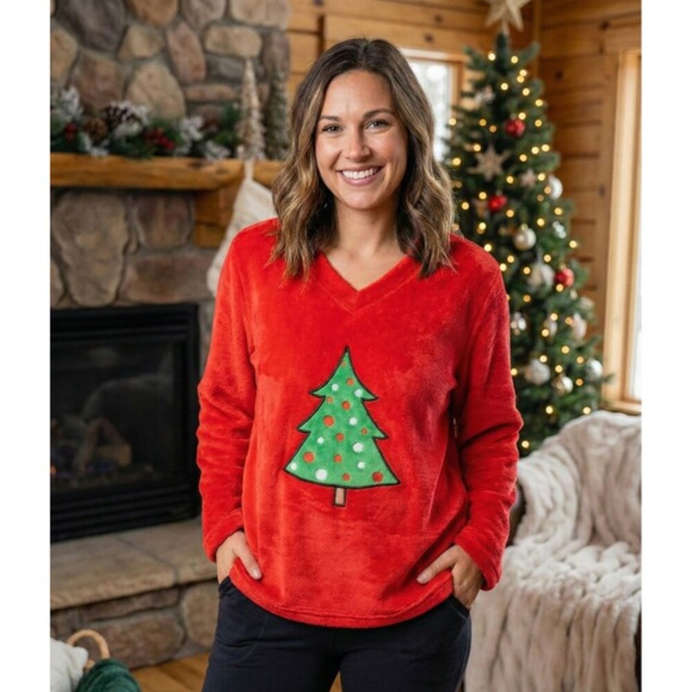 Women's "JUST LOVE" red V-neck fuzzy fleece Christmas Tree size:L New‎ With Tags